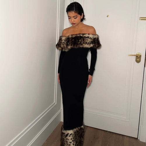 Atmospheric Leopard Print Fur Stitching Off-shoulder Dress