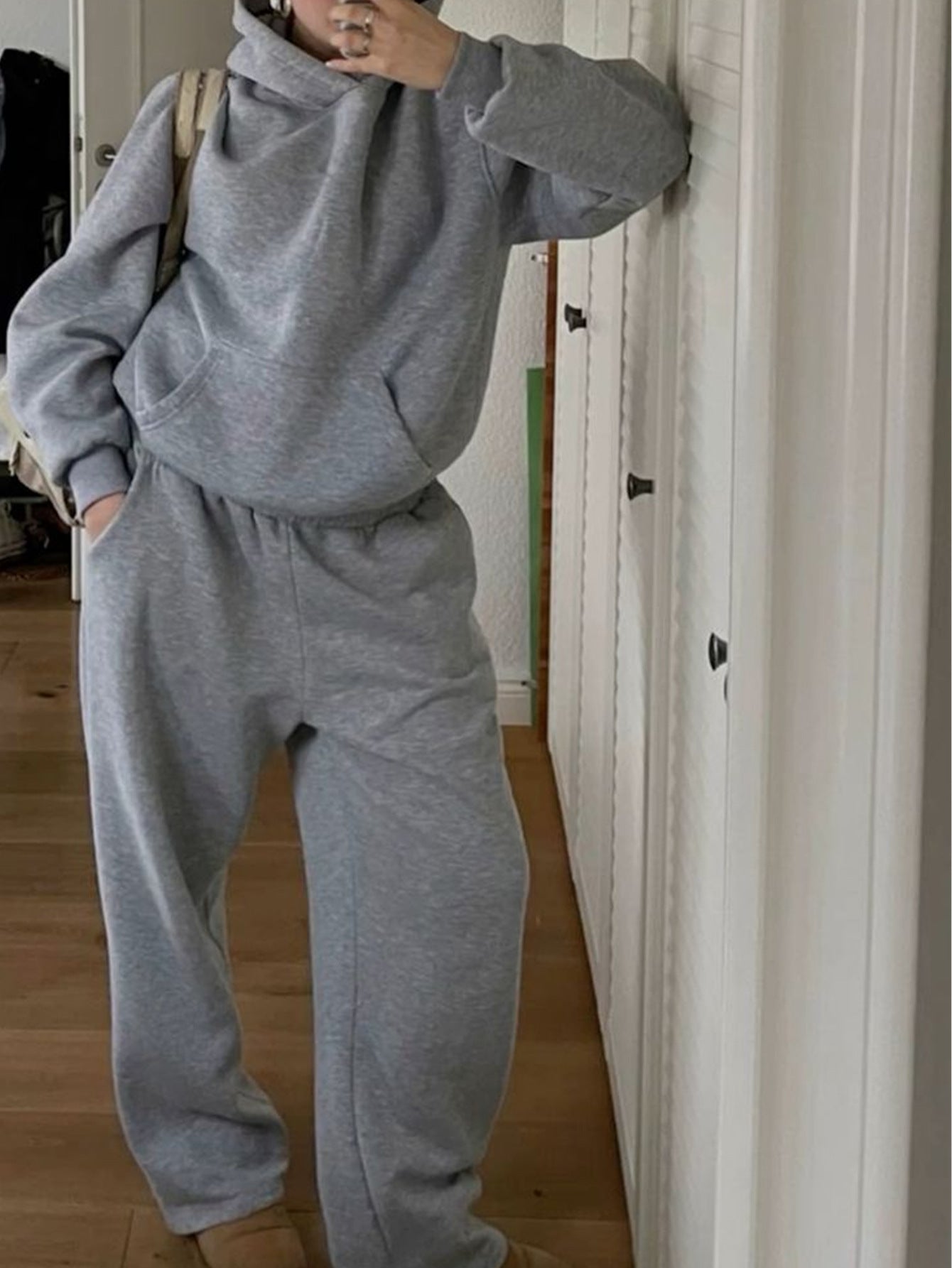 Casual Loose And Warm Inner Velvet Hooded Sweatshirt And Sweatpants Two-piece Set