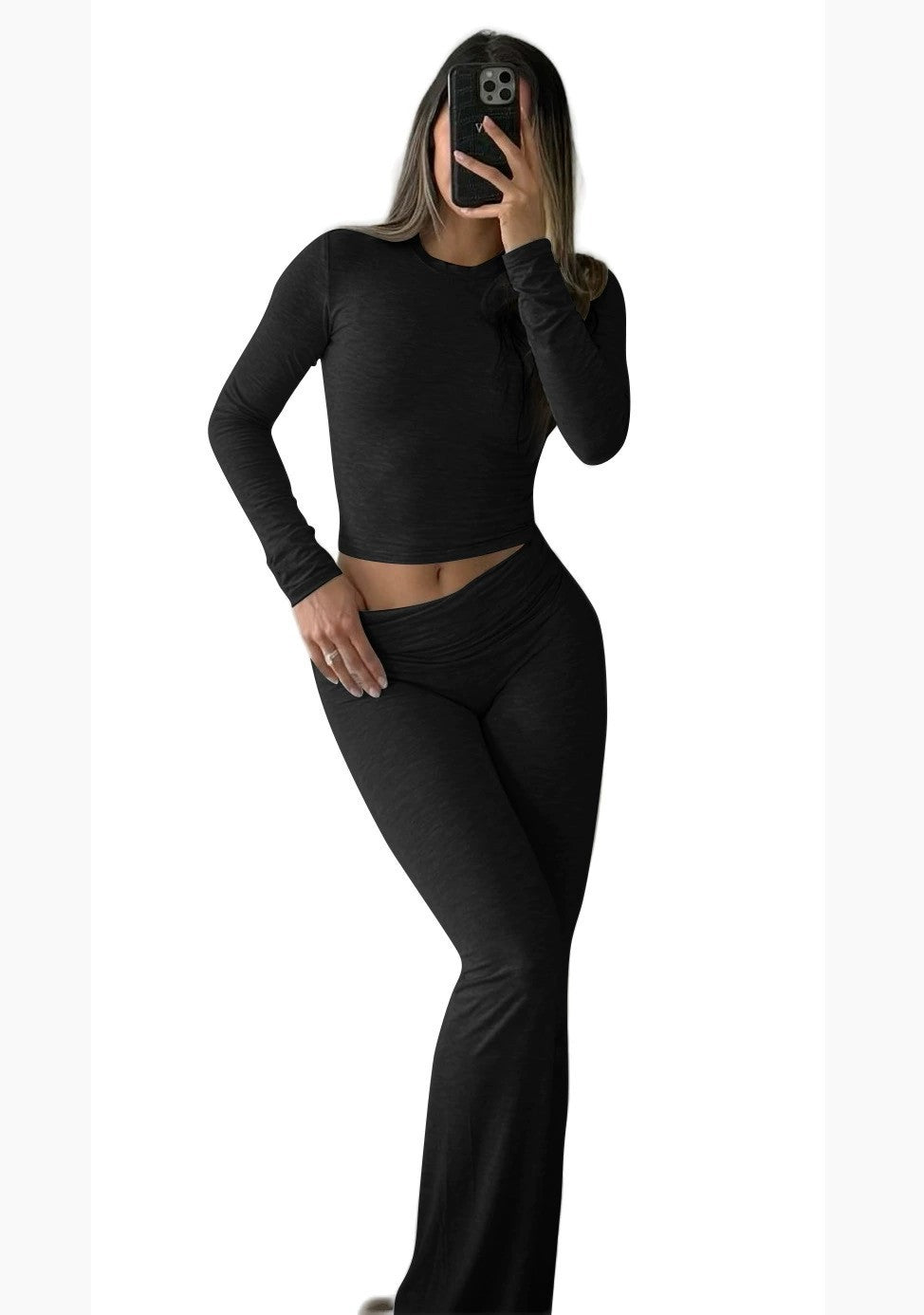 Casual Exercise Women's Two-piece Round Neck Long Sleeve Low Waist Flare Pants Sportswear Set Wholesale Two-piece