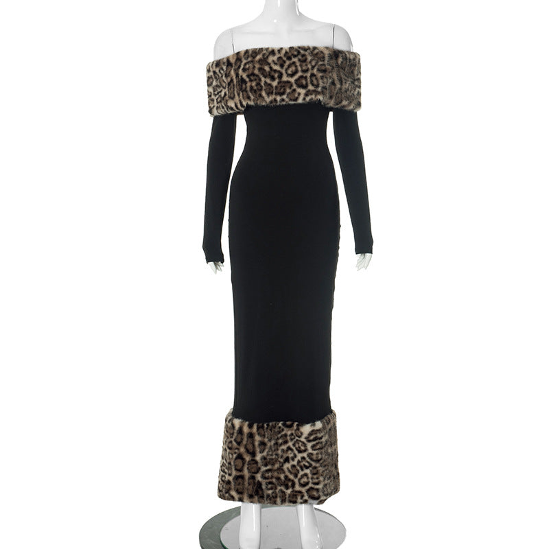 Atmospheric Leopard Print Fur Stitching Off-shoulder Dress