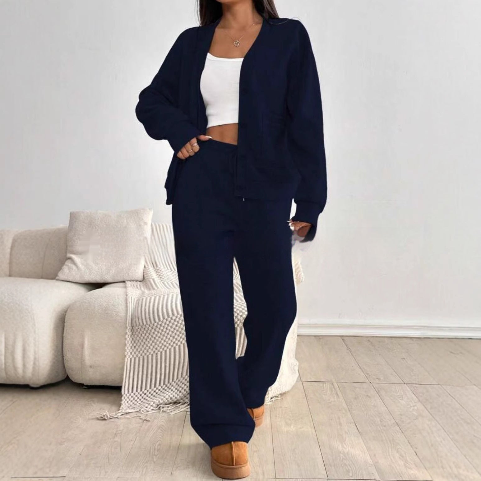Autumn And Winter Women's Cardigan Jacket Wide Leg Pants Casual Suit