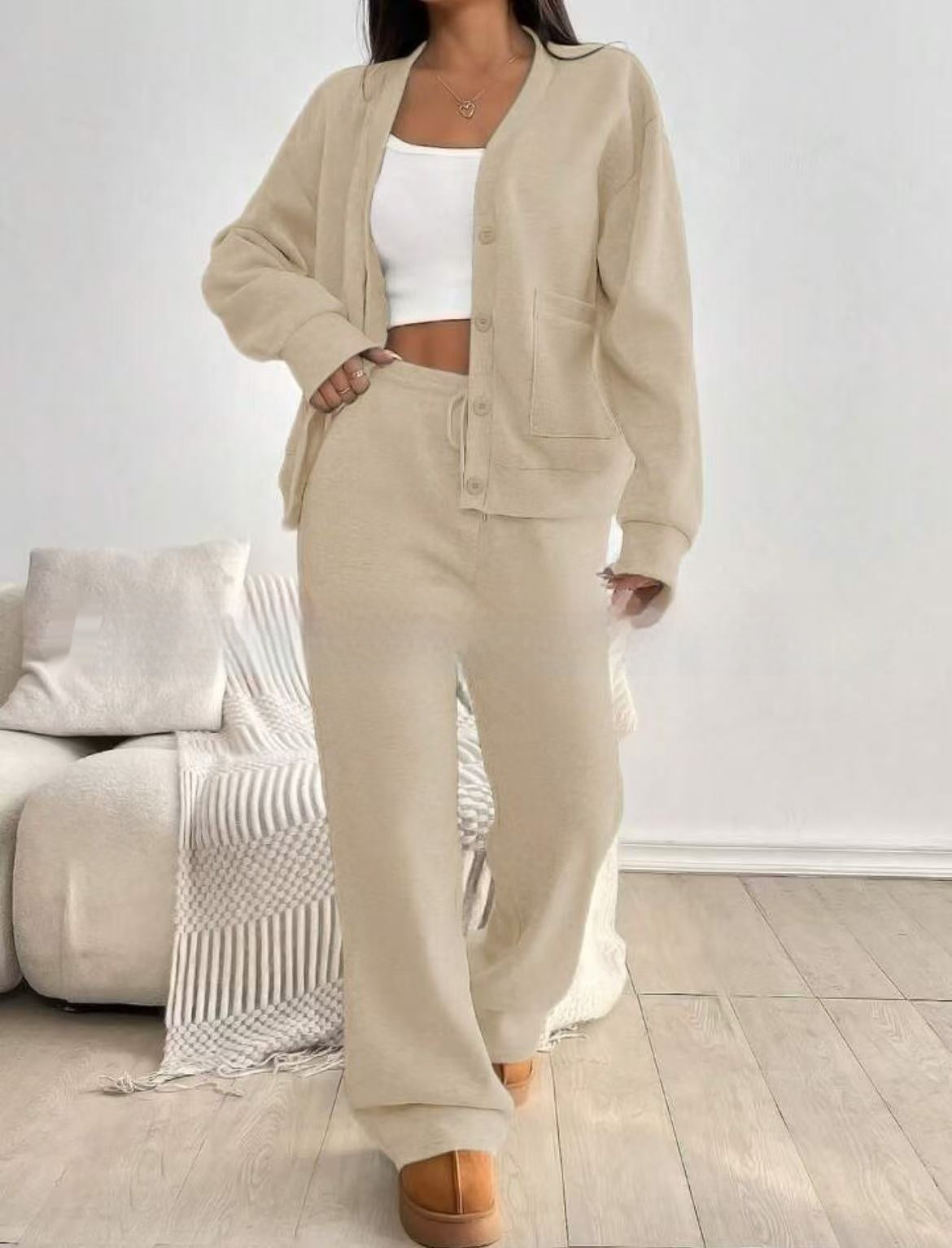 Autumn And Winter Women's Cardigan Jacket Wide Leg Pants Casual Suit