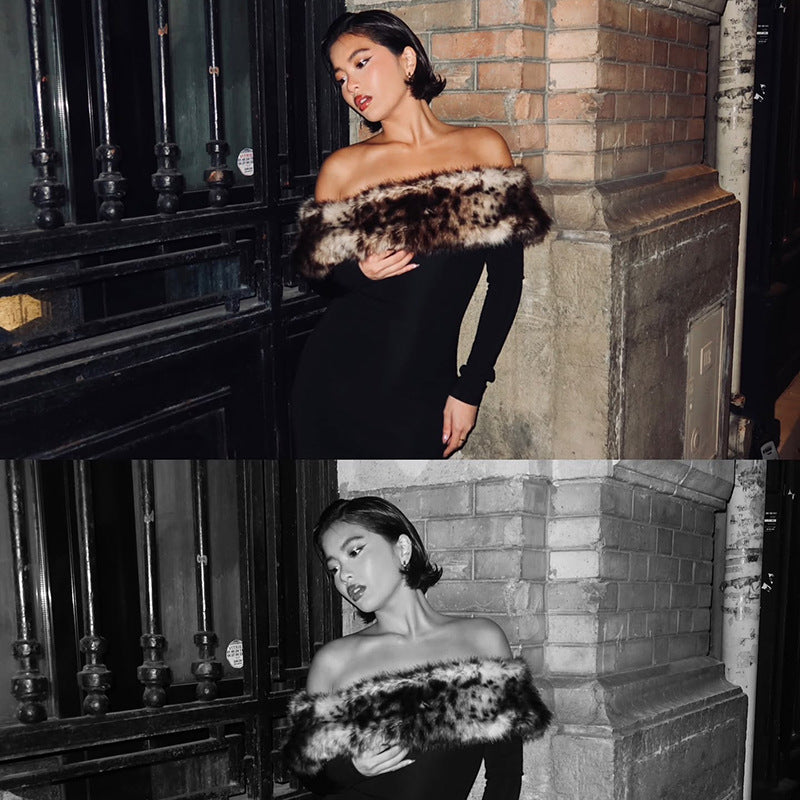 Atmospheric Leopard Print Fur Stitching Off-shoulder Dress