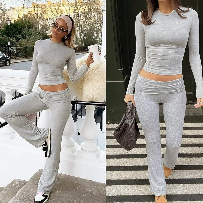 Casual Exercise Women's Two-piece Round Neck Long Sleeve Low Waist Flare Pants Sportswear Set Wholesale Two-piece