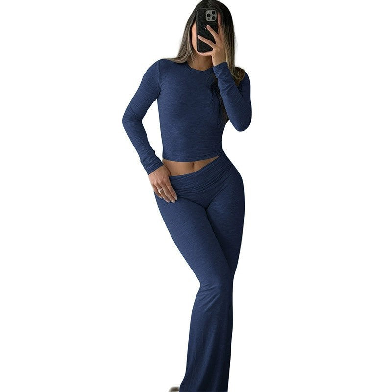 Casual Exercise Women's Two-piece Round Neck Long Sleeve Low Waist Flare Pants Sportswear Set Wholesale Two-piece