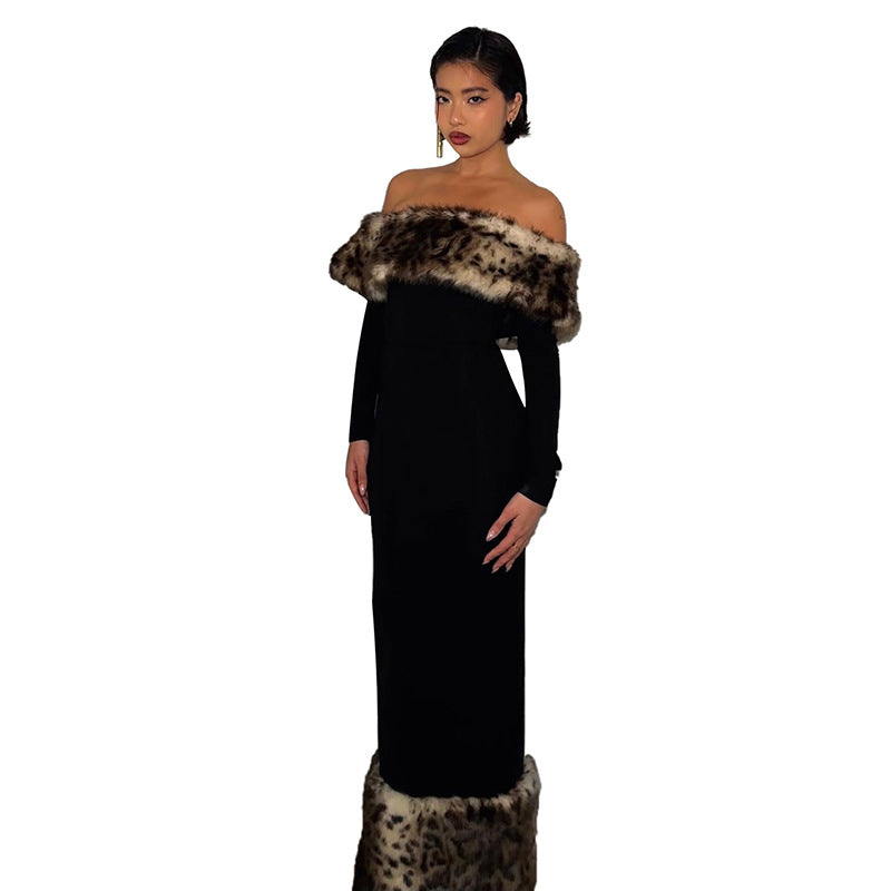 Atmospheric Leopard Print Fur Stitching Off-shoulder Dress