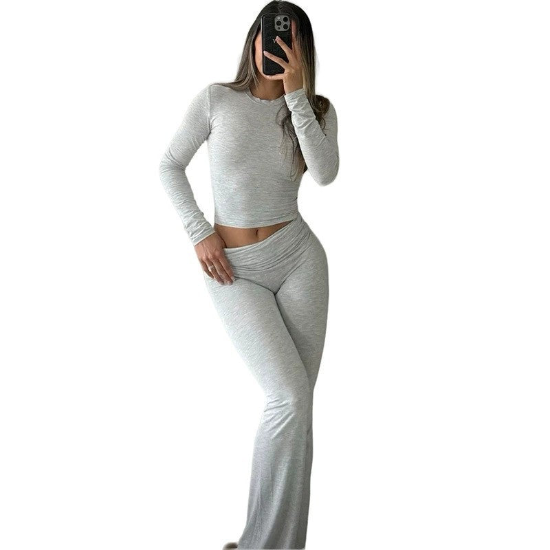 Casual Exercise Women's Two-piece Round Neck Long Sleeve Low Waist Flare Pants Sportswear Set Wholesale Two-piece