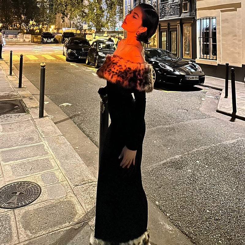 Atmospheric Leopard Print Fur Stitching Off-shoulder Dress